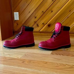 Red, size12, Timberland Work boots.